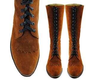 SUEDE Tall Lace Up Boots >> Knee High >>FRINGE Combat Boots. KEROUAC. (All Men and Women sizes)