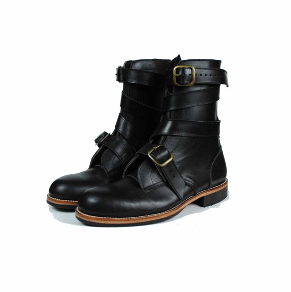 black leather tanker boots