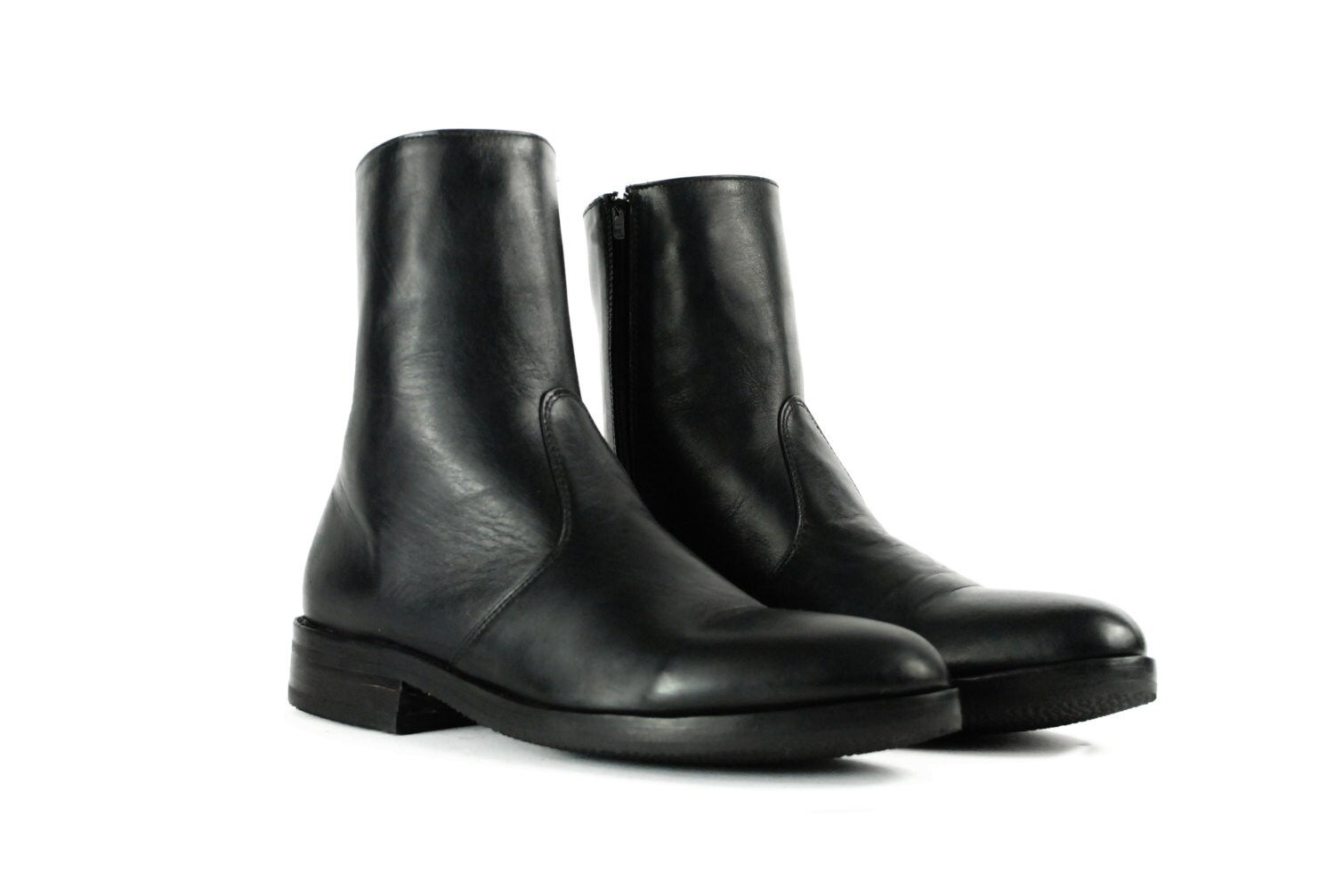 Black Leather Side Zip Ankle Boots 