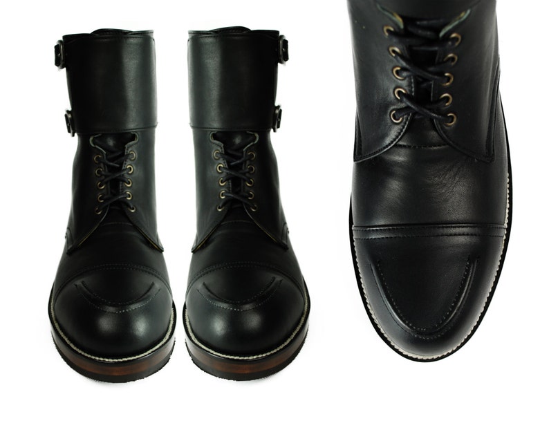BYRON Double BUCKLE Black Leather Combat Boots. BYRON Double BUCKLE Black Leather Combat Boots.