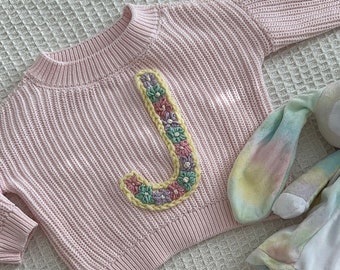 Personalised Custom Hand Embroidered Floral Flower Name Initial Chunky Oversized Knit Sweater Baby Kids Toddler
