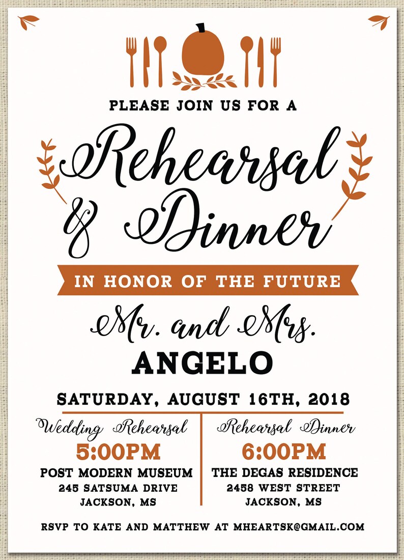 weddings Wedding Rehearsal Dinner invitation custom printable Fall Autumn pumpkin practice lunch