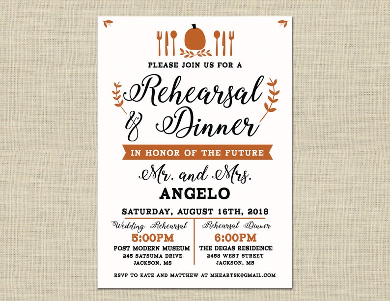 weddings Wedding Rehearsal Dinner invitation custom printable Fall Autumn pumpkin practice lunch
