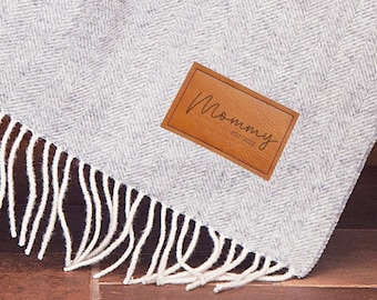 Personalized Wool Throw Blanket with Vegan Leather Patch Customized