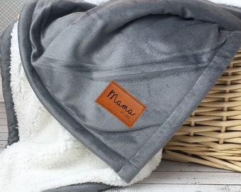 Personalized Message Plush Sherpa Blanket with Custom Vegan leather Patch