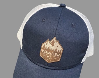 Personalized Mountain Trucker Hat with Patch / Adjustable Snapback Hat with vegan leather patch PNW PCT Hiker