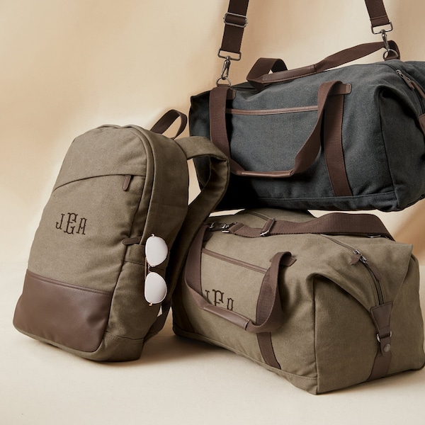 Matching Backpack and Duffle Set Personalized with Embroidered Monogram / Canvas Weekender Bag for men