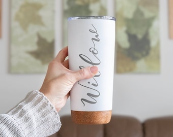 20oz Insulated Tumbler Personalized / Laser Engraved Double Wall Stainless Steel Thermal Coffee Tumbler with Sliding Closure Lid & Cork base