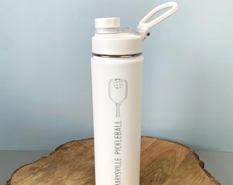 Engraved Pickleball Water Bottle with Strawless Chug Spout / Engraved Stainless Steel Water Bottle with Handle