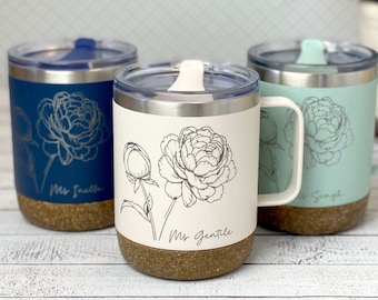 Personalized Floral Travel Mug with handle and lid / Insulated Stainless Steel Mug with Engraved Name