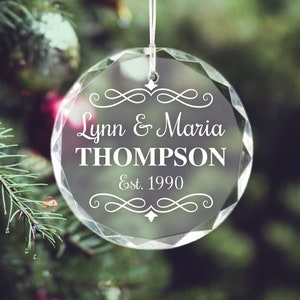 Engraved Glass Christmas Ornament, Personalized Couples Ornament Keepsake, Family Name Ornament, Anniversary Ornament