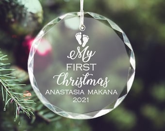 Personalized Baby's First Christmas Glass Ornament, Laser Engraved Keepsake