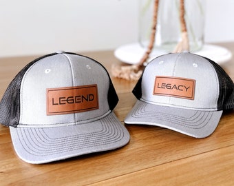 Matching Father and Son Hat Set - Legend and Legacy Hats / Adjustable Mesh Back Trucker Hats with Vegan Leather Patch