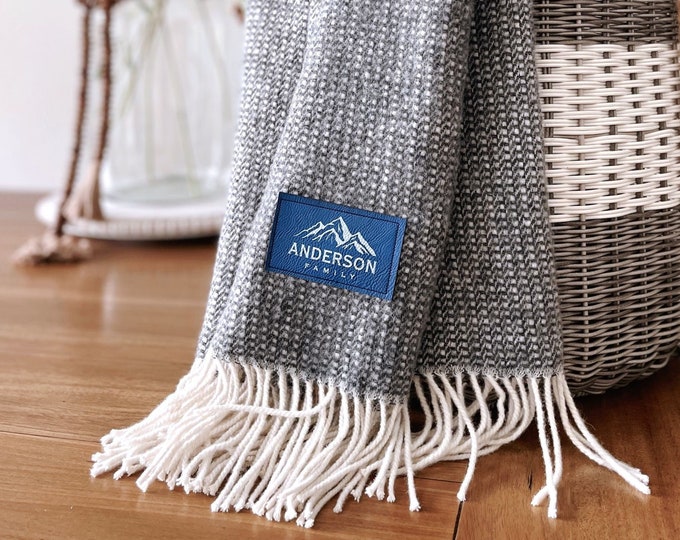 CUSTOM Wool Throw Blanket With Engraved Vegan Leather Patch Etsy