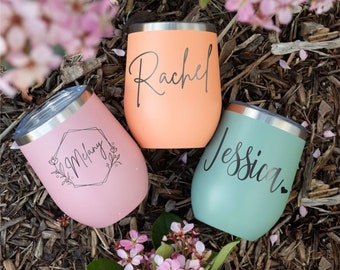 Personalized Wine Tumbler with Lid, Laser Engraved Stainless Steel