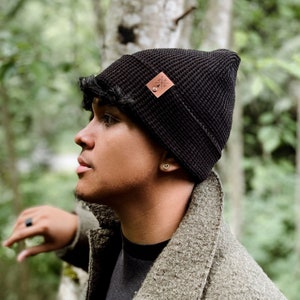 Waffle Knit Beanie with Custom Vegan Leather Patch