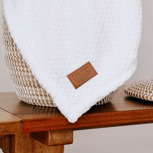 Personalized Message Blanket / Textured Plush Throw Blanket with Vegan Leather Patch