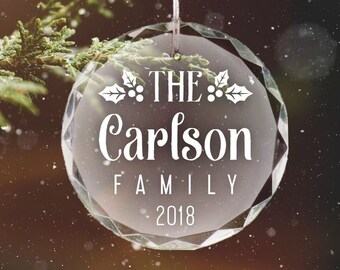 Custom Family Name Christmas ornament, Personalized Laser Engraved Glass Christmas Ornament