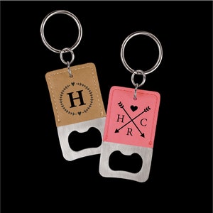 Engraved Bottle Opener Keychain, Personalized bottle opener, Heart Wreath, Laser Engraved Leather Key Chain with Monogram, Custom Keychain