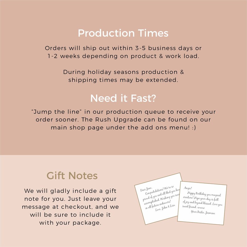 May include: A light pink informational graphic with white text titled Production Times, Need it Fast, and Gift Notes. It details order processing, rush options, and gift note services, featuring two small white cards with handwritten messages.