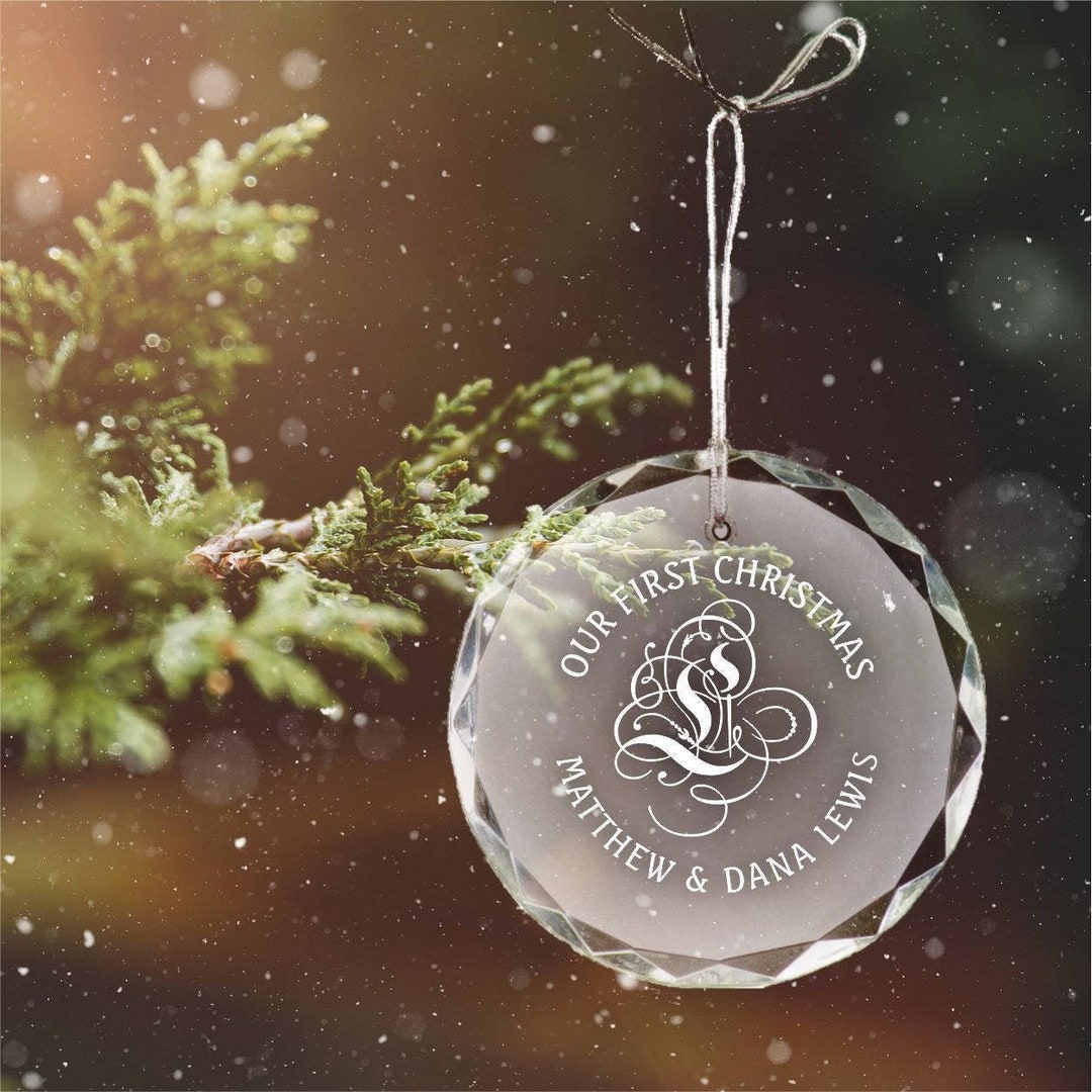 Personalized Engraved Glass Christmas Ornament, Our First Christmas