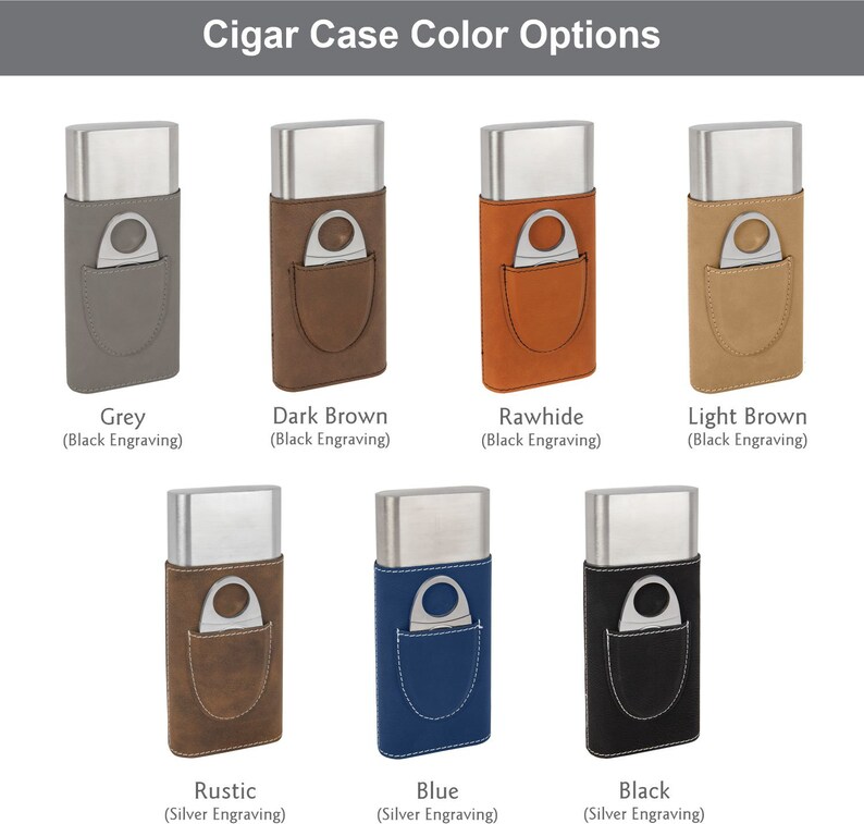 Puede incluir: Una selecci&oacute;n de estuches para cigarros en varios colores, incluyendo gris, marr&oacute;n oscuro, cuero crudo, marr&oacute;n claro, r&uacute;stico, azul y negro. Cada estuche cuenta con un cortador incorporado y un bolsillo para cigarros. Los estuches est&aacute;n hechos de acero inoxidable y cuero.