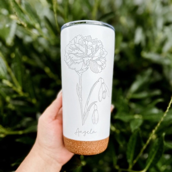 Custom Birth Flower Tumbler Engraved with Name / Personalized Floral 20oz Stainless Steel Travel Mug with Lid & Cork base