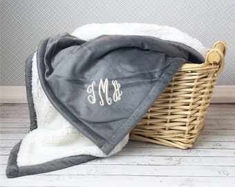 Monogramed Plush Sherpa Blanket with Embroidered Name or Initials