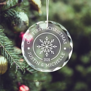 Our First Christmas ornament, Couples Personalized Laser Engraved Glass Christmas Ornament with Snowflake