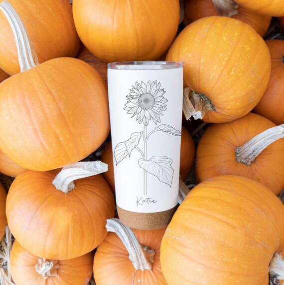 Autumn Sunflower Coffee Tumbler Engraved with Name / 20oz Stainless Steel Travel Mug with Slid Lid & Cork base
