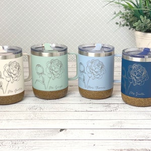 Personalized Floral Travel Mug with handle and lid / Insulated Stainless Steel Mug with Engraved Name
