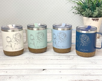 Personalized Floral Travel Mug with handle and lid / Insulated Stainless Steel Mug with Engraved Name