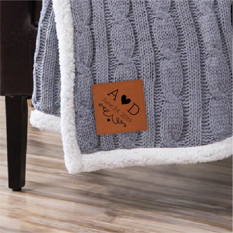 Personalized Cable Knit Sherpa Blanket with Leatherette Patch Etsy