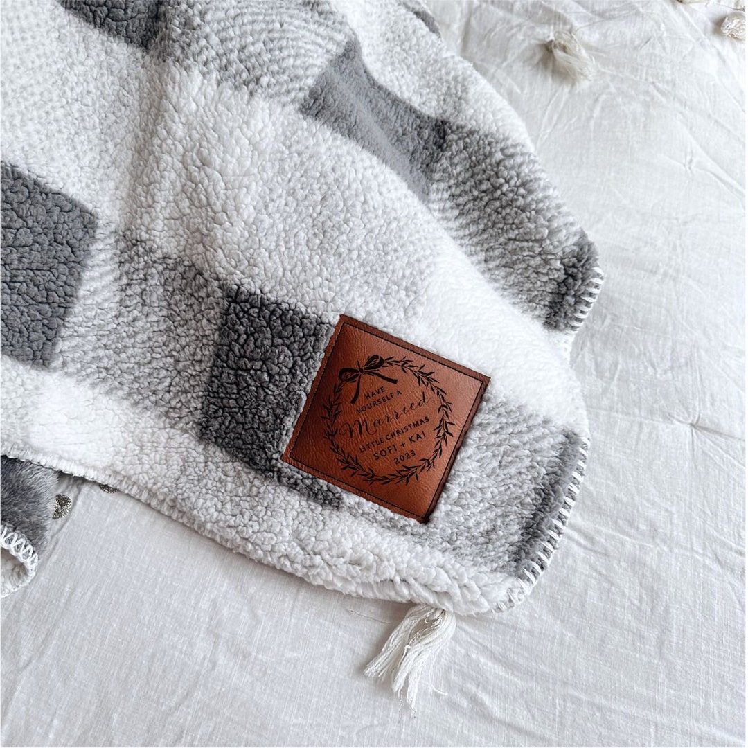 Plaid Sherpa Plush Blanket With Engraved Patch Personalized / Custom