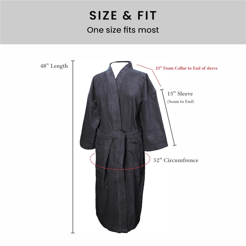 May include: A dark gray robe with a belt, showing measurements for length, sleeve, and circumference in inches. The text "SIZE & FIT" and "One size fits most" is displayed above the robe.