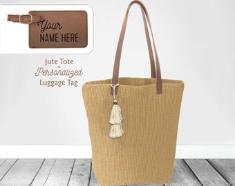 Lined Jute Tote Bag with Vegan Leather Straps - comes with Engraved Luggage Tag