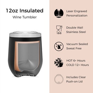 May include: A 12oz insulated wine tumbler with a black exterior and a cutaway view showing a copper-lined, double-wall stainless steel interior. Text includes 12oz Insulated Wine Tumbler, Laser Engraved Personalization, Double Wall Stainless Steel, Vacuum Sealed Sweat Free, HOT 6+ Hours COLD 12+ Hours, and Includes Clear Push-on Lid.