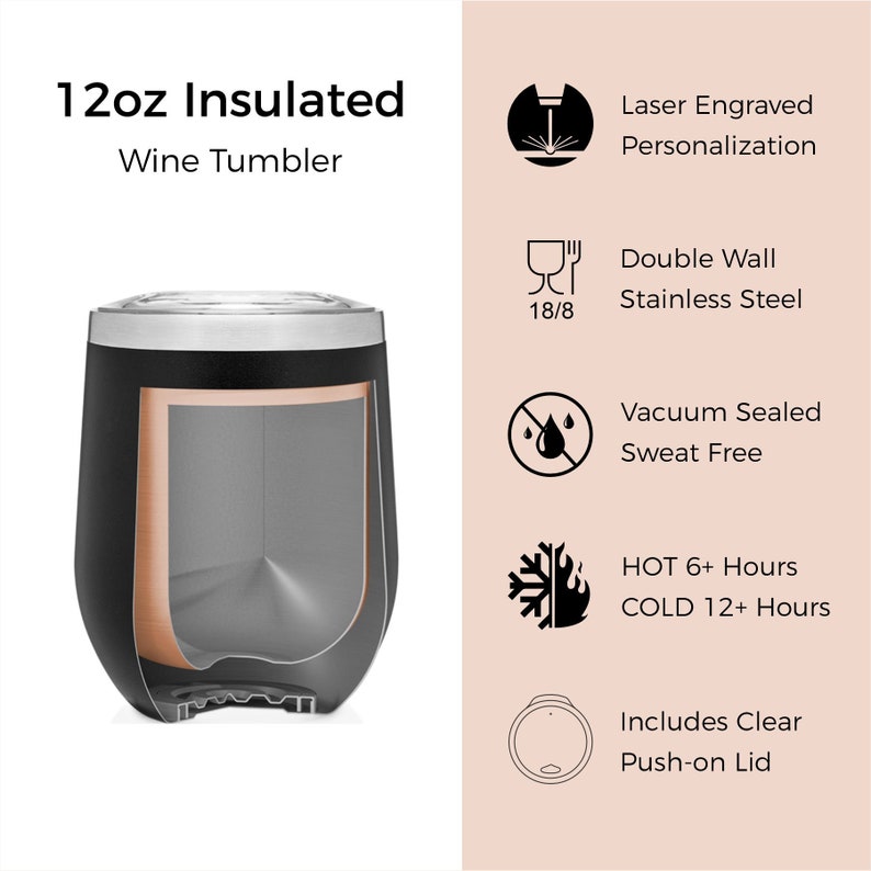 May include: A 12oz insulated wine tumbler with a black exterior and a cutaway view showing a copper-lined, double-wall stainless steel interior. Text includes 12oz Insulated Wine Tumbler, Laser Engraved Personalization, Double Wall Stainless Steel, Vacuum Sealed Sweat Free, HOT 6+ Hours COLD 12+ Hours, and Includes Clear Push-on Lid.