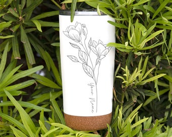 Personalized Floral Tumbler Engraved with Name / 20oz Stainless Steel Travel Mug with Slid Lid & Cork base