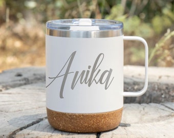 Personalized Stainless Steel Travel Mug with handle and lid / Insulated Cup with Engraved Name