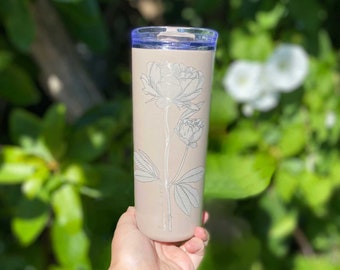 Engraved Floral Tumbler Personalized / Custom Double Wall Stainless Steel Insulated Travel Mug with Push on Swivel Lid