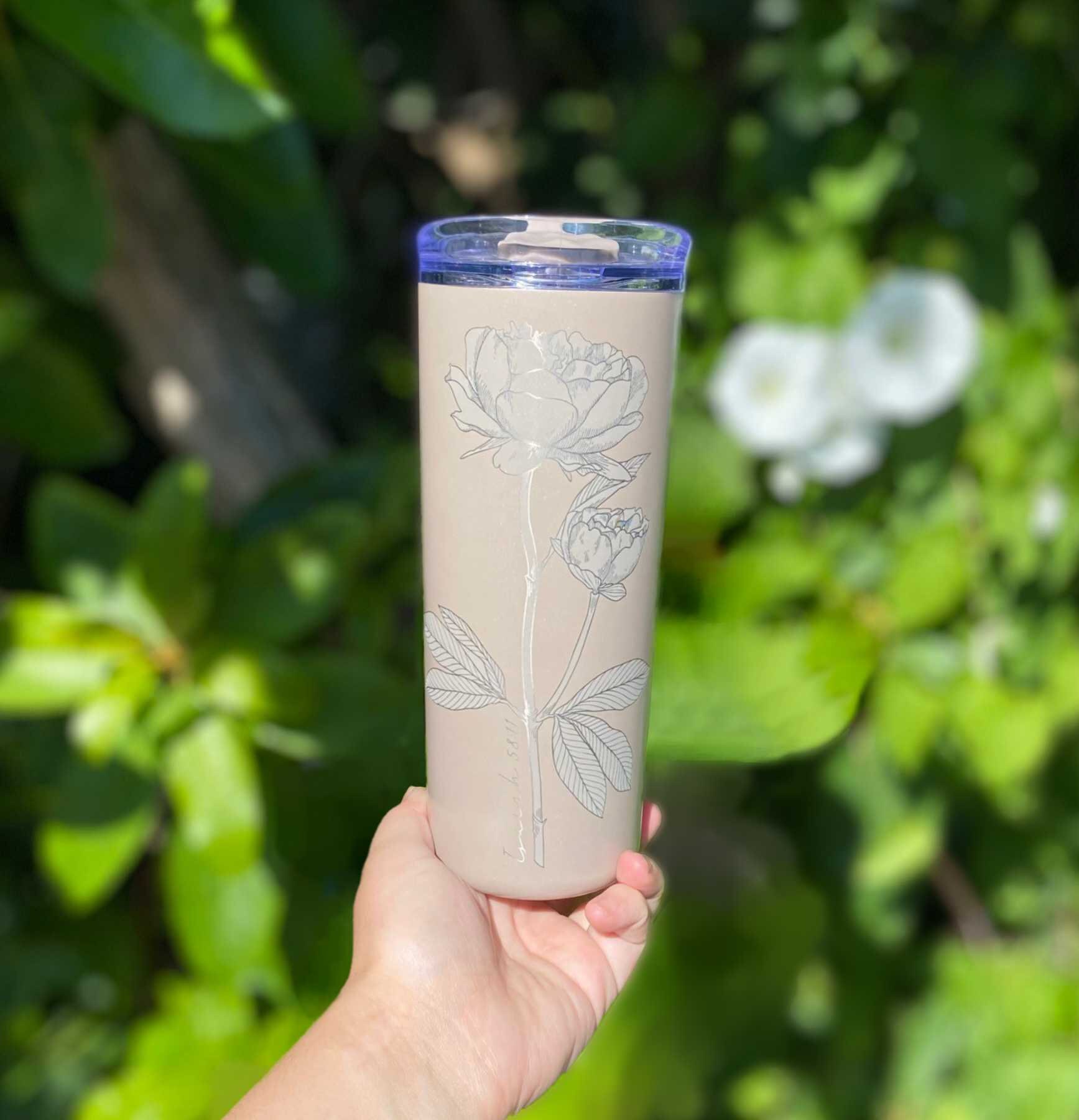 Engraved Floral Tumbler Personalized / Custom Double Wall Stainless Steel Insulated Travel Mug with Push on Swivel Lid