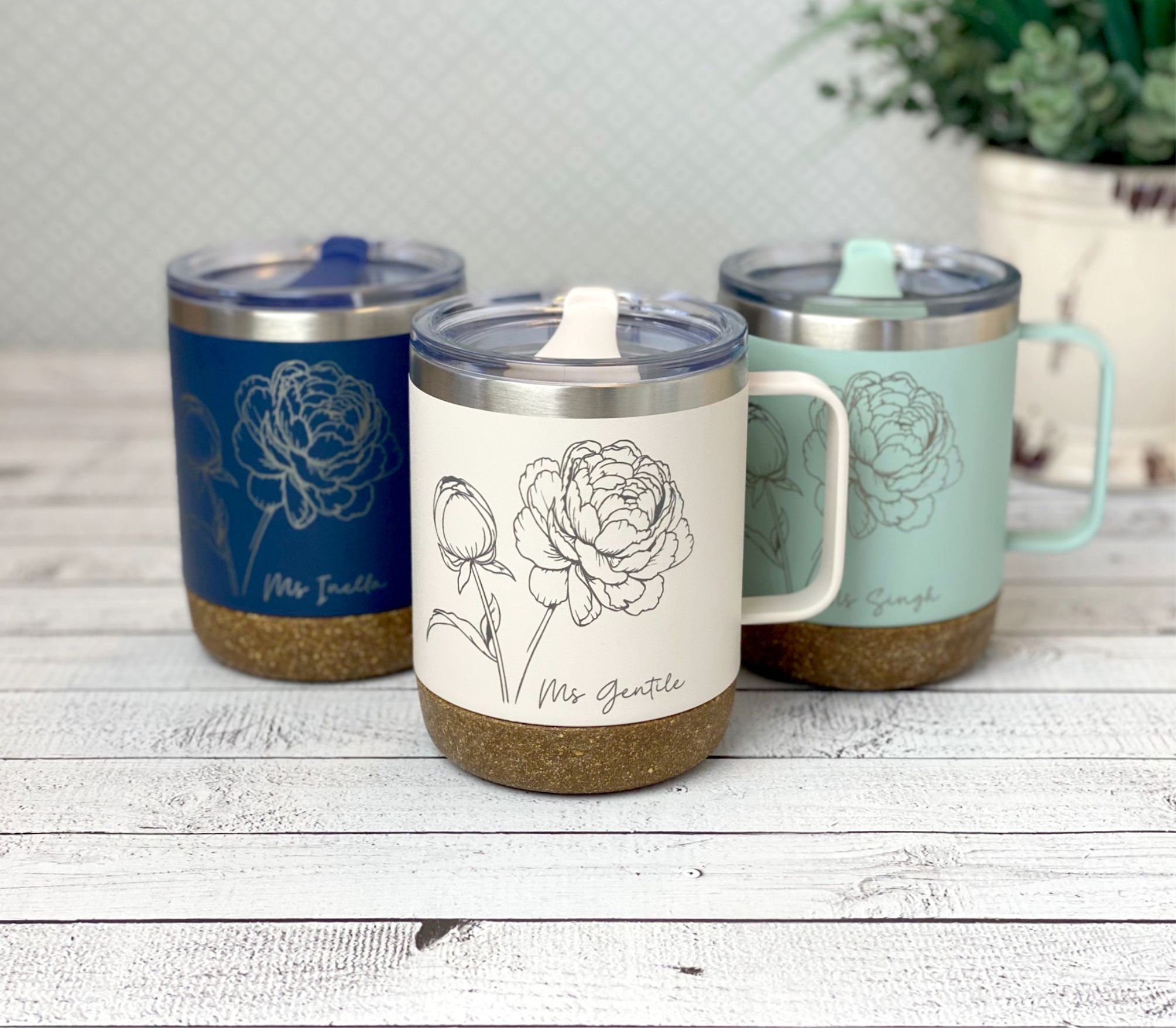 Personalized Floral Travel Mug With Handle and Lid Insulated