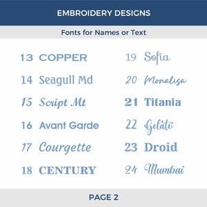 May include: A page from a catalog of embroidery designs, showing a list of fonts for names or text. The fonts are numbered 13 through 24 and include names like Copper, Seagull Md, Script Mt, Avant Garde, Courgette, Century, Sofia, Monalisa, Titania, Gelato, Droid, and Mumbai.