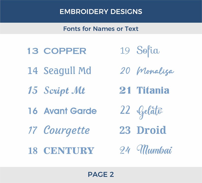 May include: A page from a catalog of embroidery designs, showing a list of fonts for names or text. The fonts are numbered 13 through 24 and include names like Copper, Seagull Md, Script Mt, Avant Garde, Courgette, Century, Sofia, Monalisa, Titania, Gelato, Droid, and Mumbai.