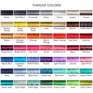 May include: A chart showing 48 different thread colors, with each color labeled with its name. The colors are arranged in rows and columns, and the chart is titled "THREAD COLORS".