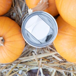 K&ouml;nnte beinhalten: Ein Edelstahlbecher mit einem durchsichtigen Deckel und einem wei&szlig;en Schieber. Der Becher ist von orangefarbenen K&uuml;rbissen umgeben.