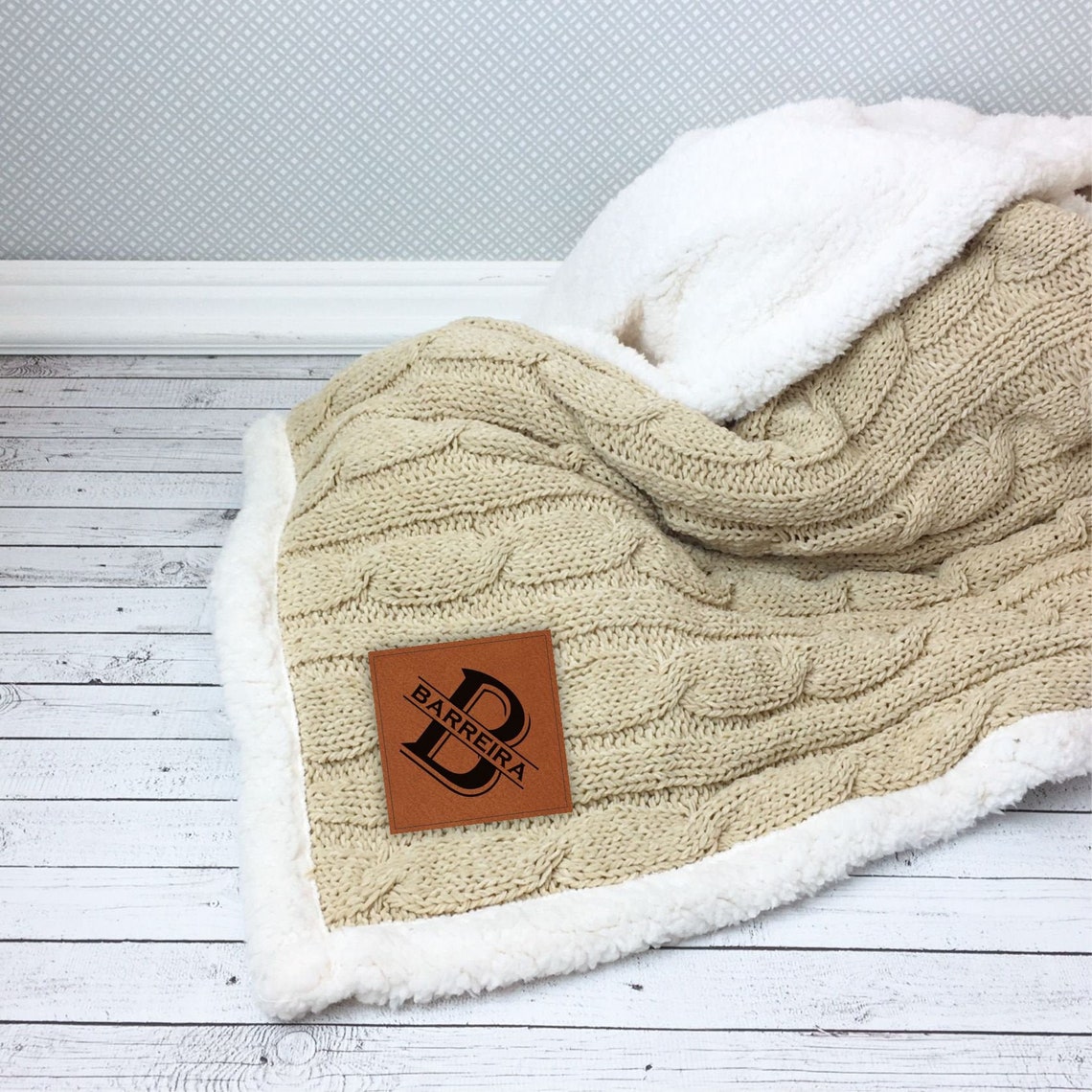 Personalized Cable Knit Sherpa Blanket with Leatherette Patch Etsy