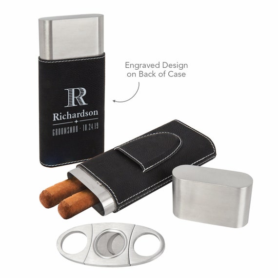 Personalized Laser Engraved Cigar Case with guillotine-style Cigar Cutter with optional lighter