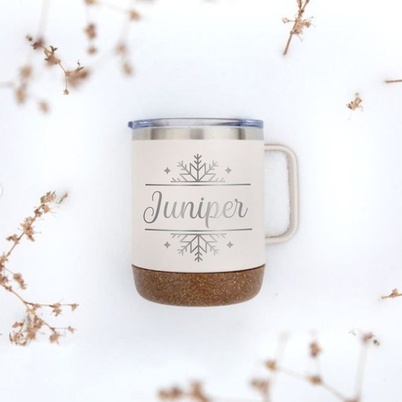 Snowflake Travel Mug With Handle and Lid / 12 Oz Insulated Stainless Steel  Tumbler Cup With Cork Base 